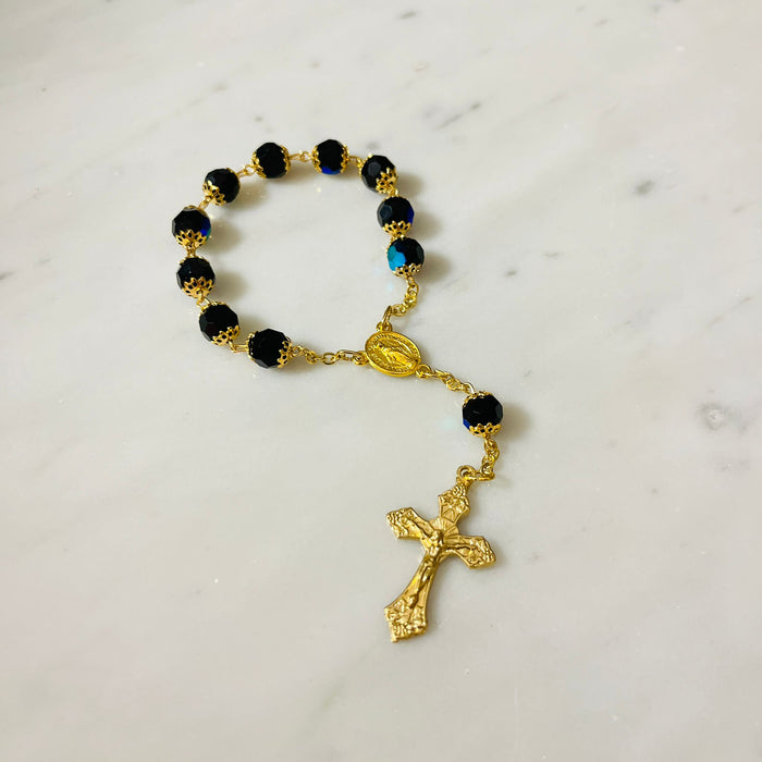 Rosary Diecina - Gold  with Crystal Blue Beads