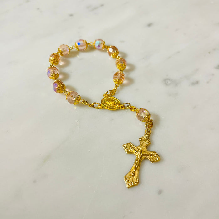 Rosary Diecina - Gold with Pink Crystal Beads