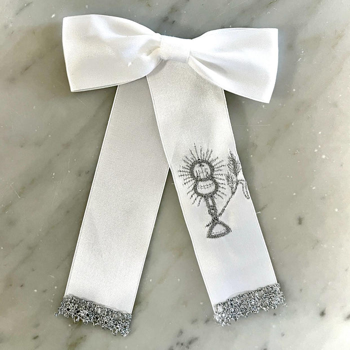 Bow for Boys - White with Silver - Silver Fringe