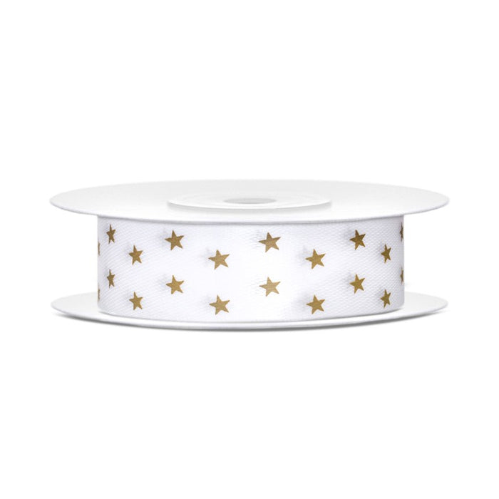 Satin Ribbon - White with Gold Stars - 18mm