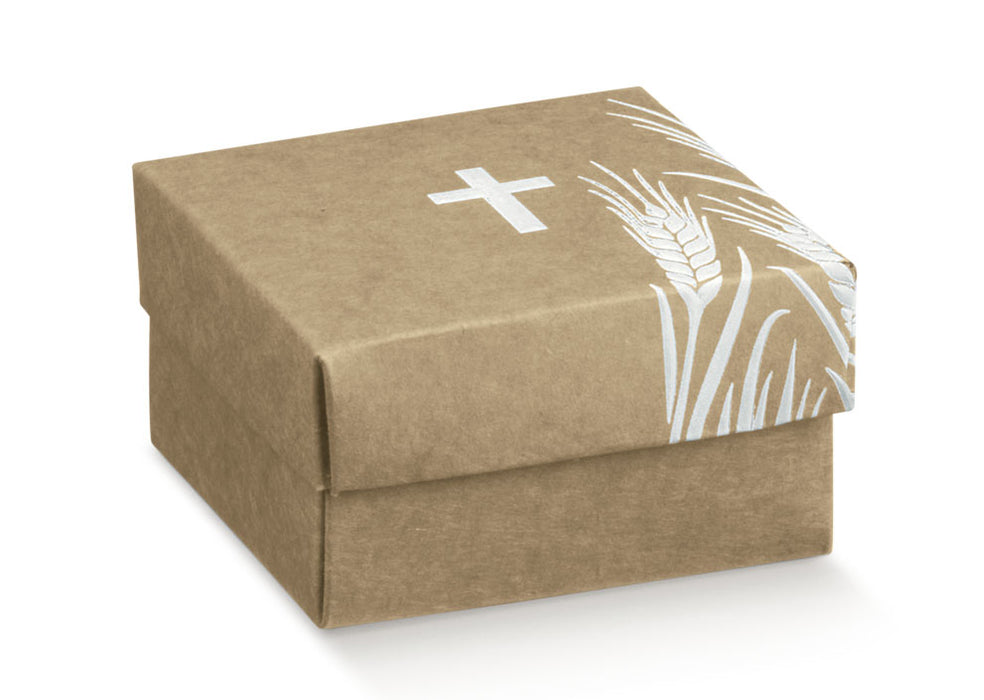 Box w/Lid - Kraft Cross & Wheat in White 60x60x35