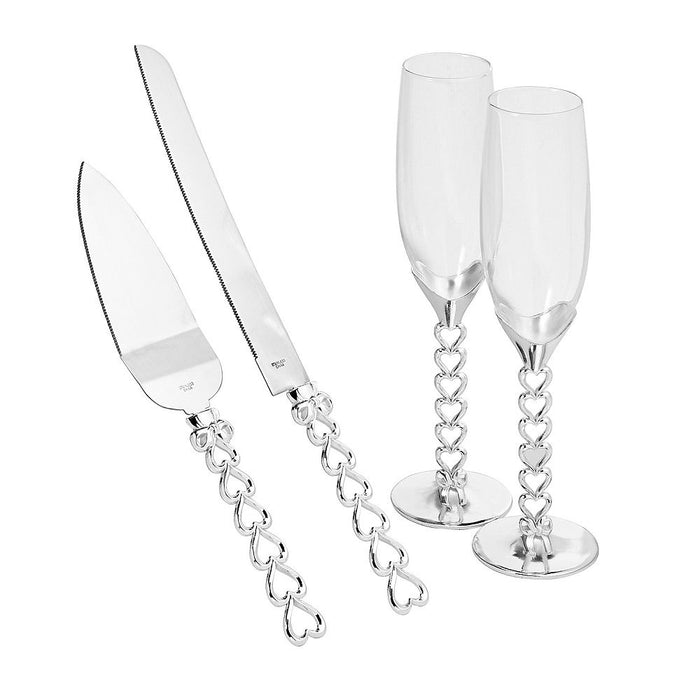 Heart To Heart Collection Silver Cast Metal 4 Piece Flute & Cake Server Set