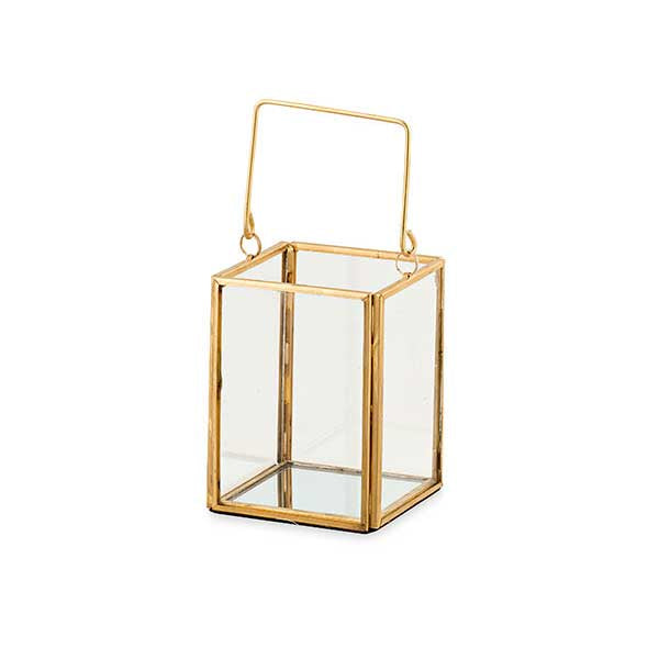 Metal and Glass Lantern in Gold - 7x7x9cm