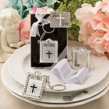Holy Bible Keychain in Silver - with a Real Miniature Bible