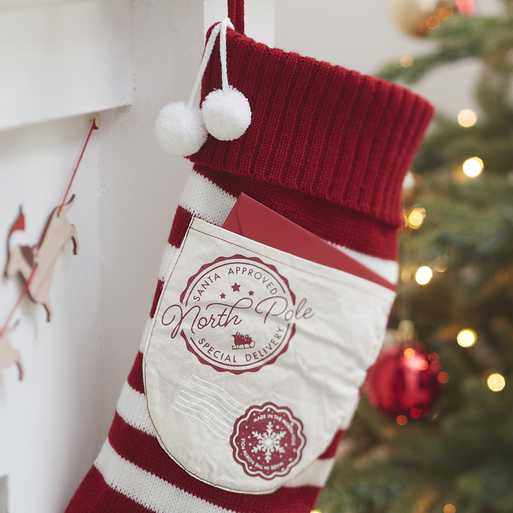 Red and White Knitted Christmas Stocking with Pocket