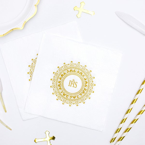 Lunch Napkins - Communion -  White with Gold Print