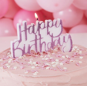 'Happy Birthday' Cake Candle - Pink Glitter