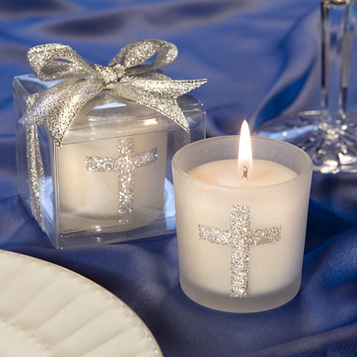 Cross Silver Glass Candle Holder