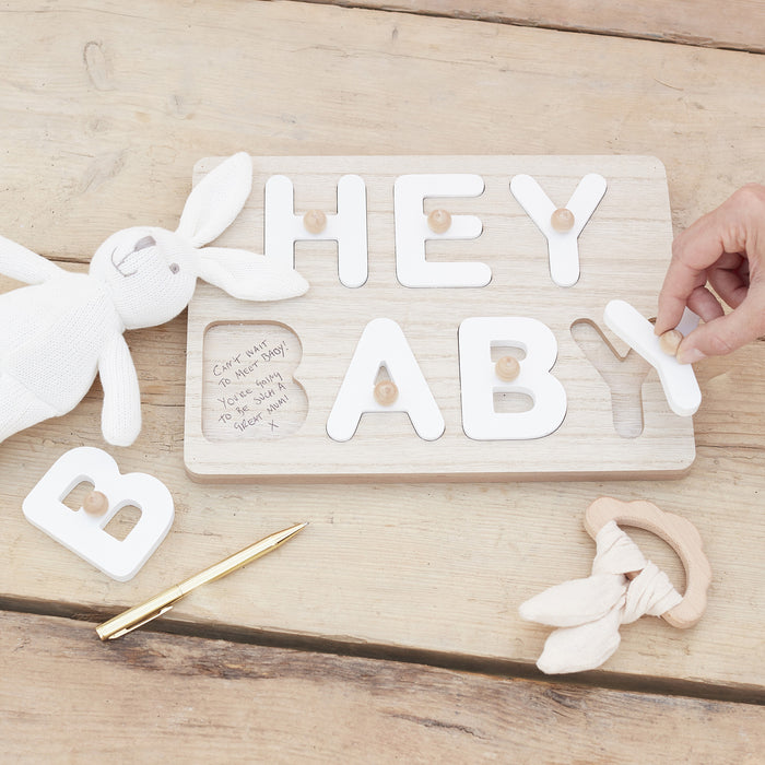 Hey Baby Wooden Puzzle Baby Shower Guest Book