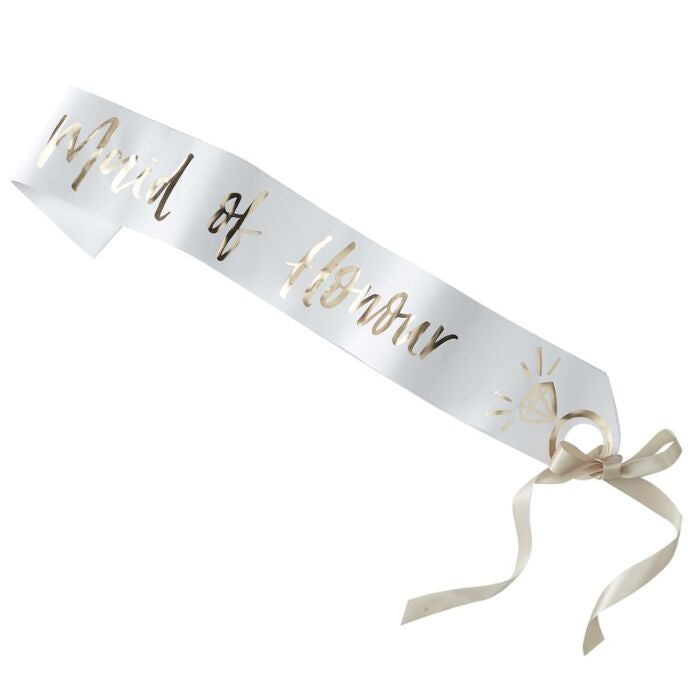 White and Gold Foiled Maid of Honor Sash - I Do Crew