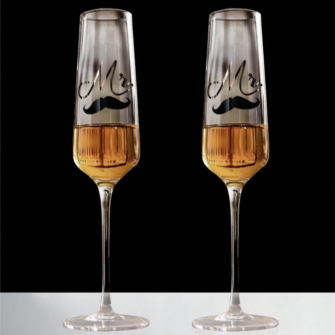 Mr and Mr Champagne Flutes - Moustache Design