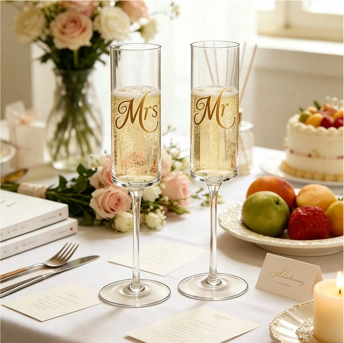 Clear Champagne Flutes with Gold Mr and Mrs Print