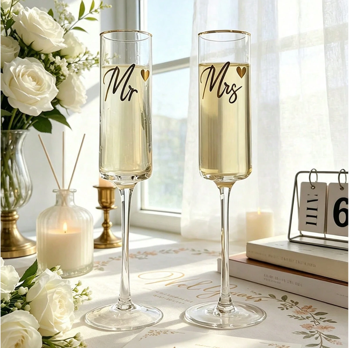 Clear Champagne Flutes with Gold Trim and Heart and Black Mr and Mrs Print