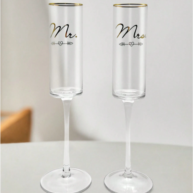 Mr and Mrs Champagne Flutes - Arrow Heart Design