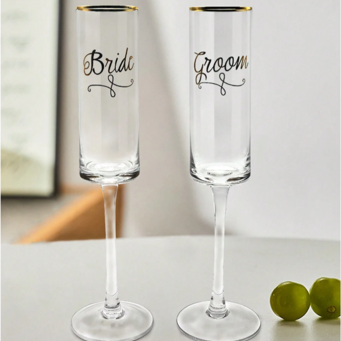 Bride and Groom Champagne Flutes - Gold Rim