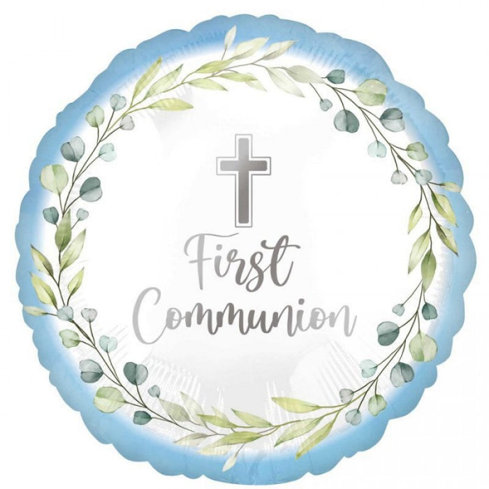 Balloon Foil Round Shape - Holy Communion - Light Blue - Olive Leaves