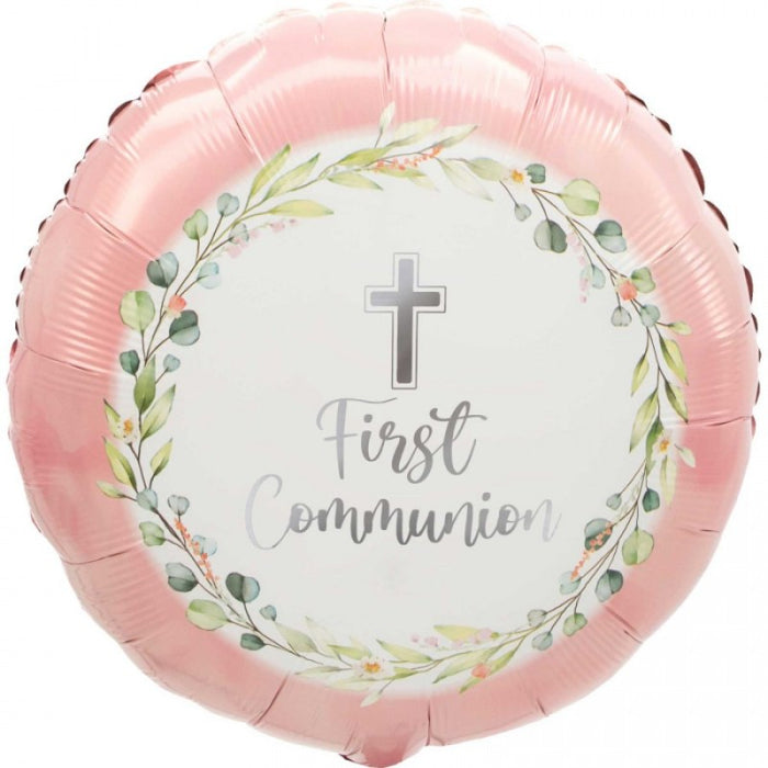 Balloon Foil Round Shape - Holy Communion - Pink - Olive Leaves