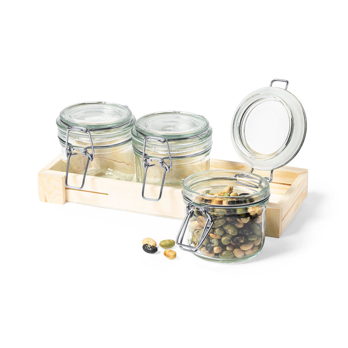 Set of 3 Clip Glass Jar in Wooden Tray