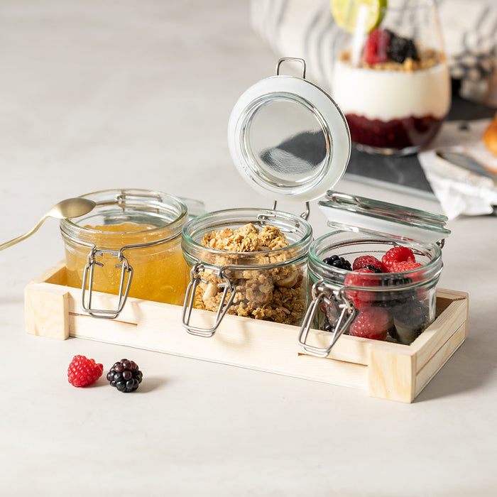 Set of 3 Clip Glass Jar in Wooden Tray