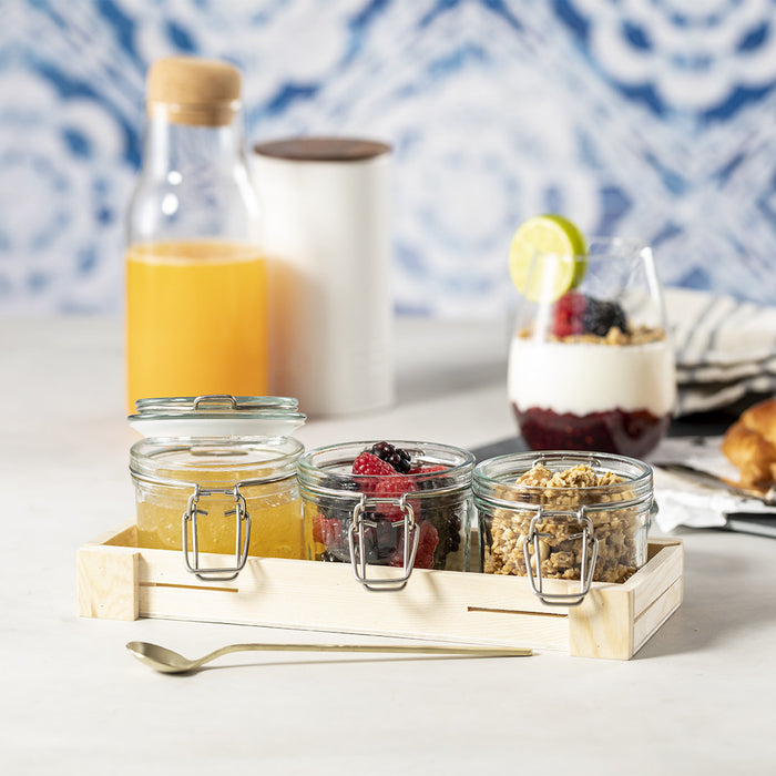 Set of 3 Clip Glass Jar in Wooden Tray
