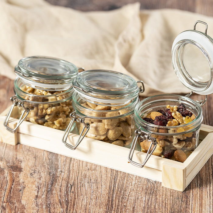 Set of 3 Clip Glass Jar in Wooden Tray
