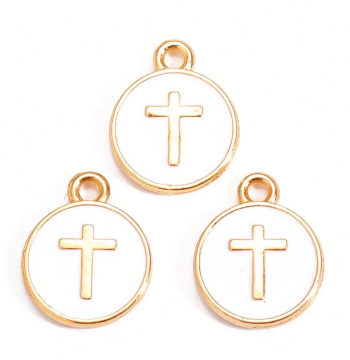Gold and White Round Cross Charms