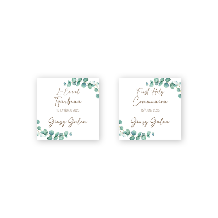 Tags Personalized - First Holy Communion - Eucalyptus Wreath and Cross