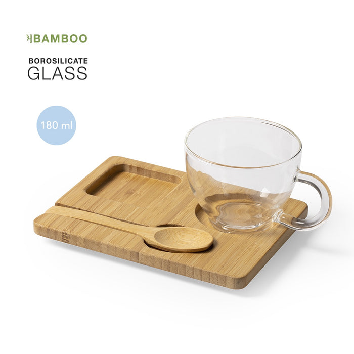 Set with Bamboo Tray and Spoon and Glass Mug