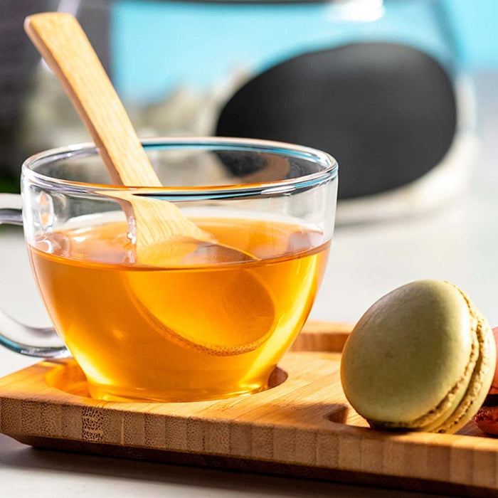 Set with Bamboo Tray and Spoon and Glass Mug