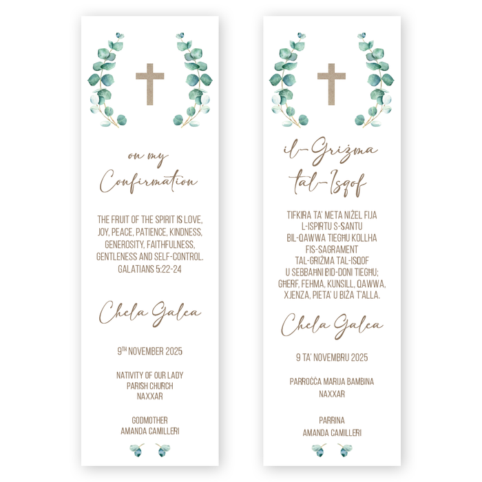 Bookmarks Personalized - Confirmation - Eucalyptus Wreath and Cross