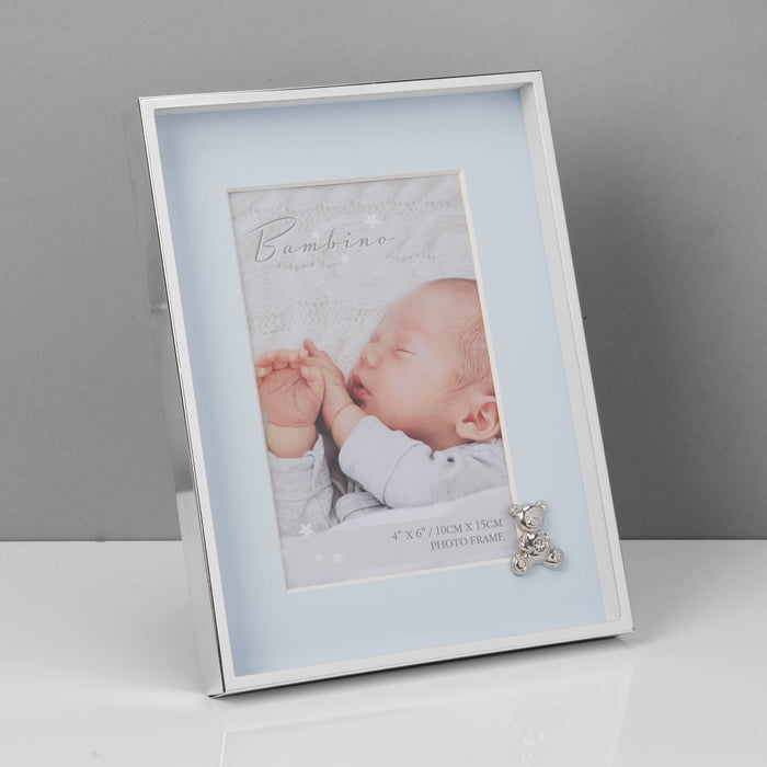 Silver Plated Frame and Teddy with Blue Mount - 4x6''