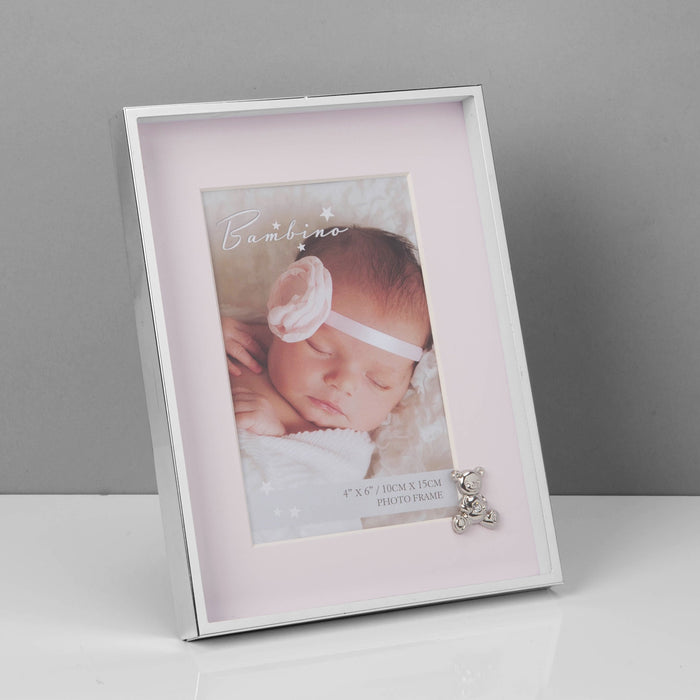 Silver Plated Frame and Teddy with Pink Mount - 4x6''