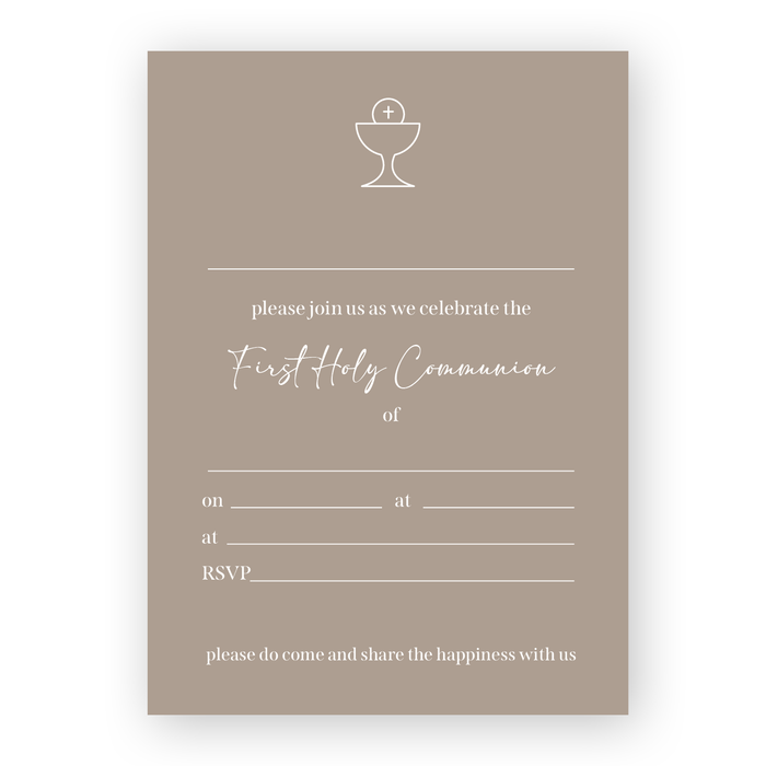 Invitation Fill-in - First Holy Communion - Chalice with Solid Background - Taupe