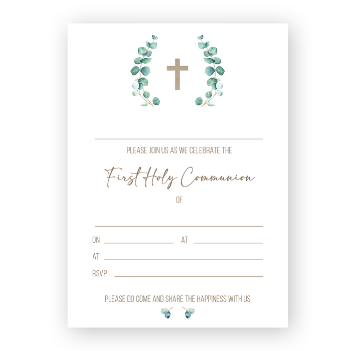 Invitation Fill-in - First Holy Communion - Eucalyptus Wreath with Cross
