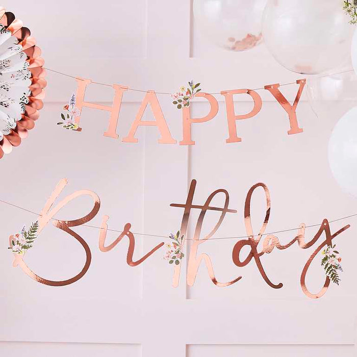 Floral Rose Gold Happy Birthday Banner