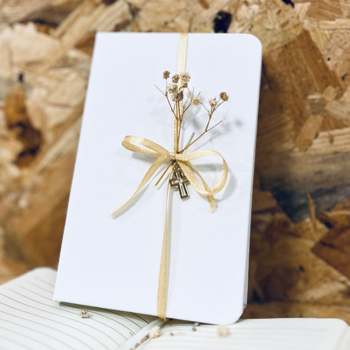 Notebook with Cross Charm, Dried Flowers and Ribbon
