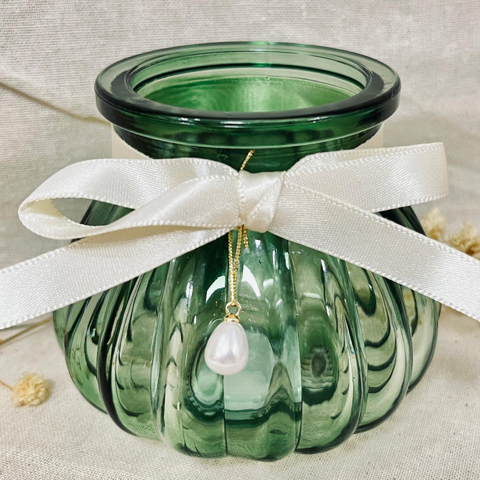Green Glass jar with Ivory Ribbon and Pearl charm