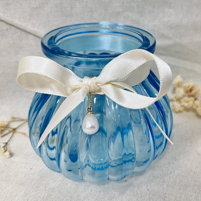 Blue Glass jar with Ivory Ribbon and Pearl charm