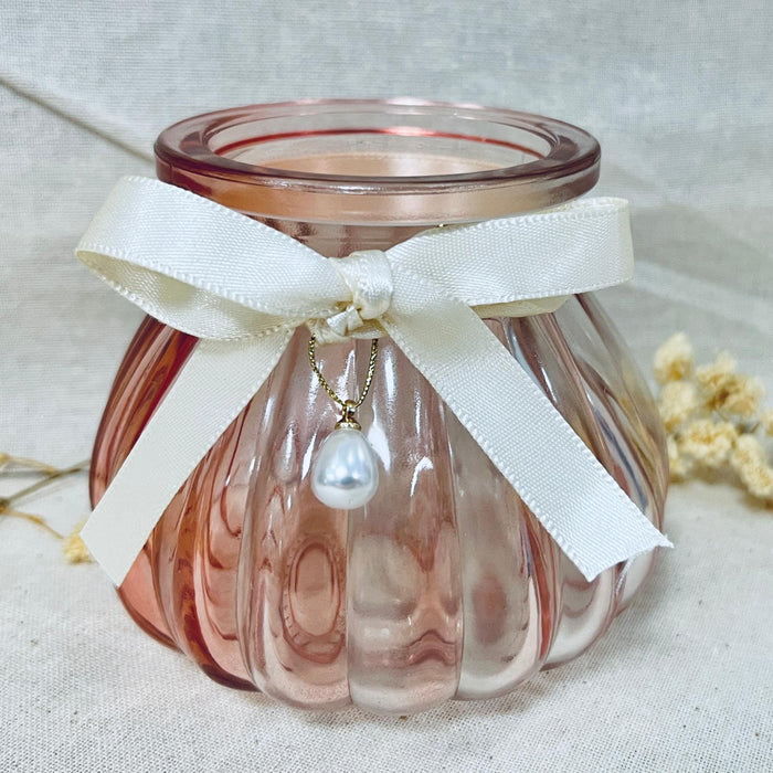 Pink Glass jar with Ivory Ribbon and Pearl charm