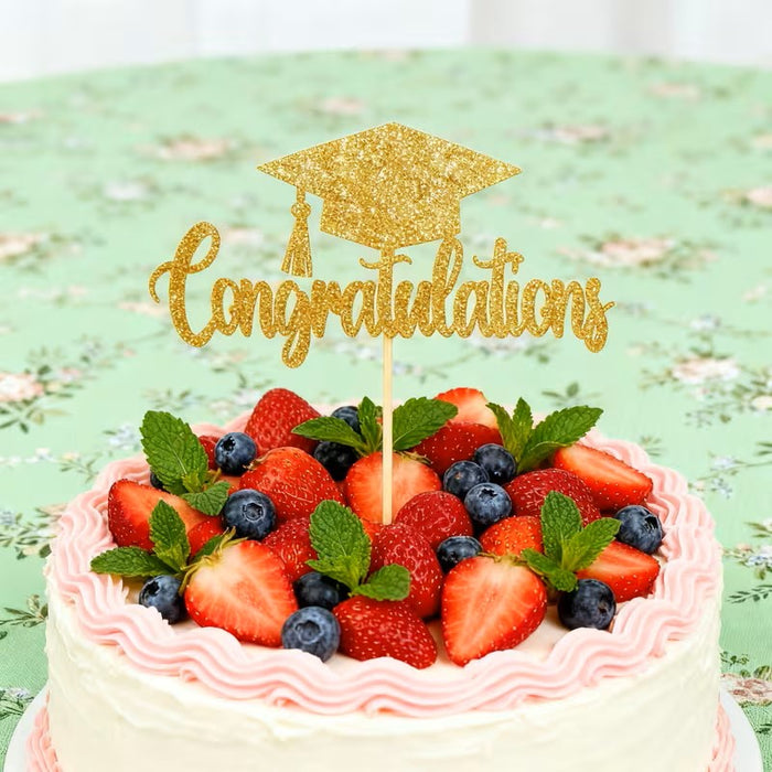 Graduation Cake Topper - Congratulations - Gold Glitter