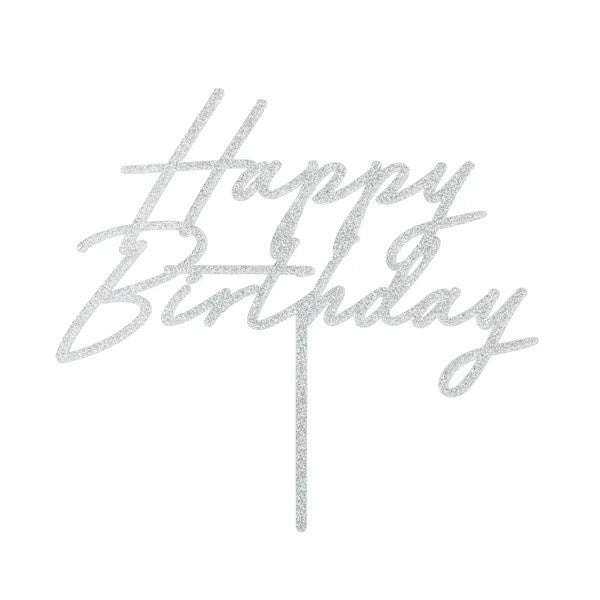 Cake topper Happy Birthday, 18x16.5 cm, silver glitter