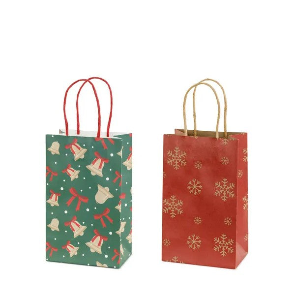 Gift bags Snowflakes and bells, 13x21x8 cm, red and green