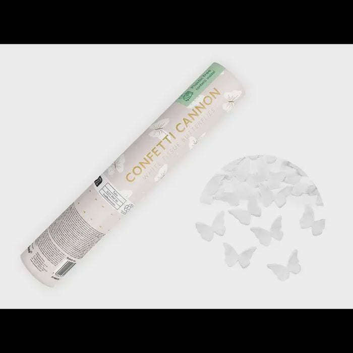 Confetti cannon, white butterflies, 20cm