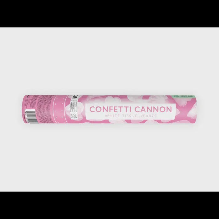 Confetti cannon with hearts, white, 28cm