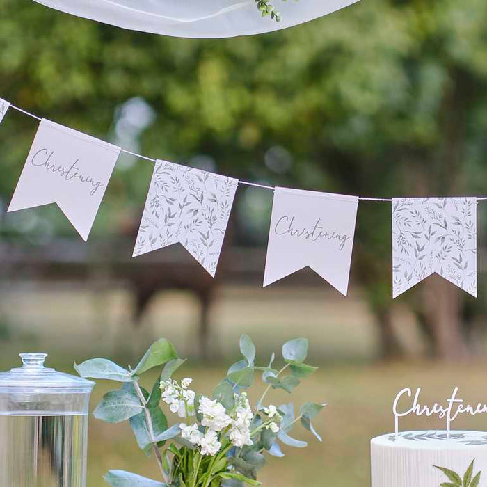 White and Green Botanical Christening Bunting