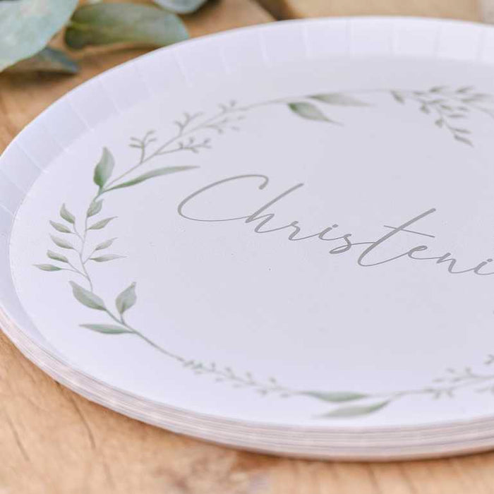 White and Green Christening Paper Plates