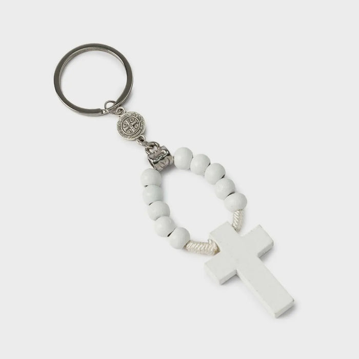 White wooden rosary keychain 11cm.