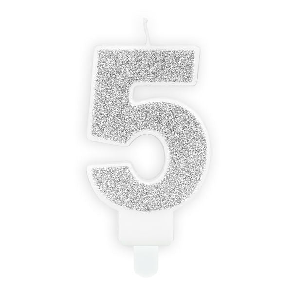 Silver Glitter Candle - Number 5
