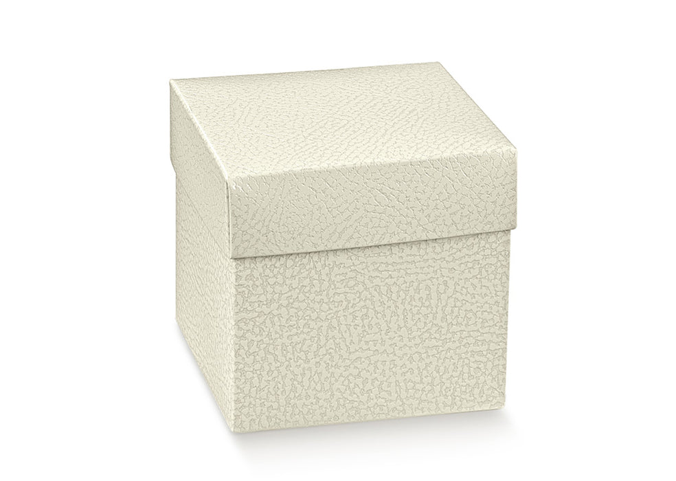 Box w/Lid - White Leather Text. 50x50x50mm