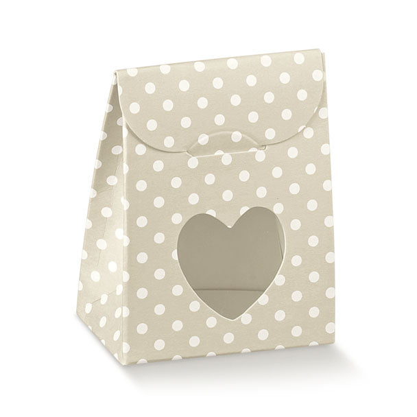 Box Bag - Beige with White Dots - Heart Window - 60X35X80mm